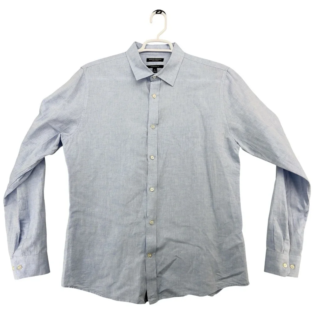 Banana Republic Linen Cotton Untucked Slim Fit Shirt Men's Large Light Blue